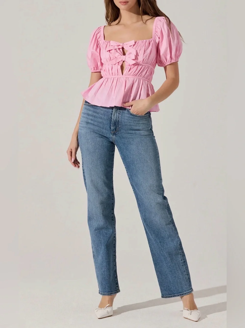 NWT Astr The Label Pink Smocked Peplum Tie-Front Peplum Blouse Size Medium